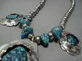 Hand Wrought!! Vintage Native American Jewelry Navajo Sterling Silver Spiderweb Turquoise Necklace-Nativo Arts