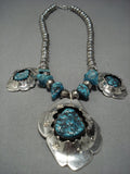 Hand Wrought!! Vintage Native American Jewelry Navajo Sterling Silver Spiderweb Turquoise Necklace-Nativo Arts