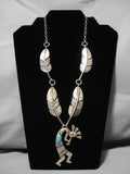 Heavier Detailed!! Vintage Native American Navajo Feather Sterling Silver Turquoise Necklace Old-Nativo Arts