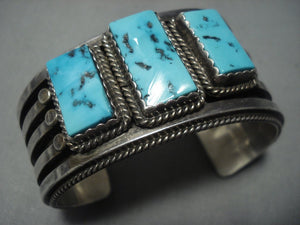 Heavy 120 Grams Channeled Vintage Navajo Turquoise Sterling Native American Jewelry Silver Bracelet Old-Nativo Arts