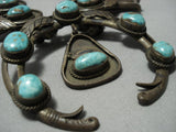 Heavy 273 Gram! Vintage Native American Jewelry Navajo Turquoise Sterling Silver Squash Blossom Necklace-Nativo Arts
