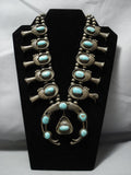 Heavy 273 Gram! Vintage Native American Jewelry Navajo Turquoise Sterling Silver Squash Blossom Necklace-Nativo Arts