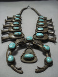 Heavy 273 Gram! Vintage Native American Jewelry Navajo Turquoise Sterling Silver Squash Blossom Necklace-Nativo Arts