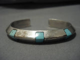 Heavy And Thick!! Vintage Native American Navajo Turquoise Inlay Sterling Silver Bracelet Old-Nativo Arts