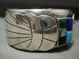 Heavy And Wide Vintage Navajo Lapis Turquoise Native American Jewelry Silver Flank Bracelet Old-Nativo Arts