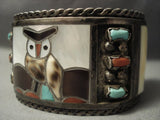 Heavy And Wide Vintage Zuni Owl Turquoise Shell Sterling Native American Jewelry Silver Bracelet- 98 Grm-Nativo Arts