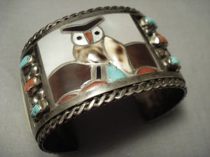 Heavy And Wide Vintage Zuni Owl Turquoise Shell Sterling Native American Jewelry Silver Bracelet- 98 Grm-Nativo Arts