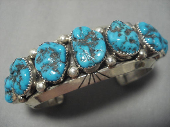 Heavy Heavy!! Vintage Native American Navajo Turquoise Sterling Silver Scalloped Bracelet Old-Nativo Arts
