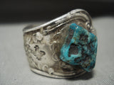 Heavy Huge Green Turquoise Vintage Navajo 'Inside Bird' Native American Jewelry Silver Ring Old-Nativo Arts
