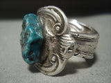 Heavy Huge Green Turquoise Vintage Navajo 'Inside Bird' Native American Jewelry Silver Ring Old-Nativo Arts