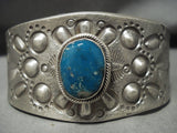 Heavy Repoussed Shell Blue Turquoise Navajo Native American Jewelry Silver Tufa Bracelet-Nativo Arts