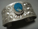 Heavy Repoussed Shell Blue Turquoise Navajo Native American Jewelry Silver Tufa Bracelet-Nativo Arts