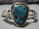 Heavy Thick Vintage Native American Navajo Bisbee Turquoise Sterling Silver Leaf Bracelet Old-Nativo Arts