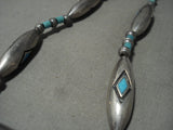 Heavy Tubes Of Native American Jewelry Silver Turquoise Inlay Vintage Navajo Necklace Old Jewelry-Nativo Arts