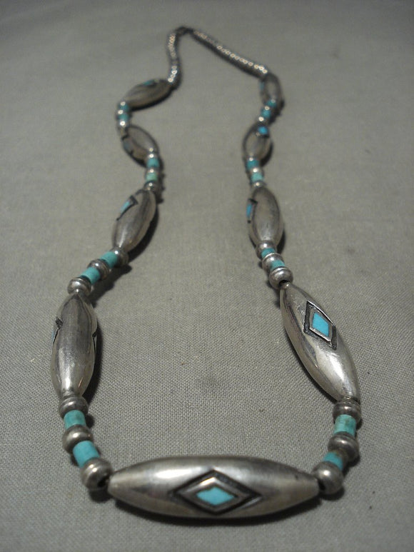 Heavy Tubes Of Native American Jewelry Silver Turquoise Inlay Vintage Navajo Necklace Old Jewelry-Nativo Arts