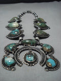 Heavy Vintage Native American Jewelry Navajo Green Turquoise Sterling Silver Squash Blossom Necklace Old-Nativo Arts