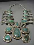 Heavy!! Vintage Native American Jewelry Navajo Green Turquoise Sterling Silver Squash Blossom Necklace-Nativo Arts