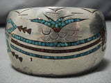 Heavy! Vintage Native American Navajo Sterling Silver Turquoise Sunset Yei Turquoise Bracelet-Nativo Arts