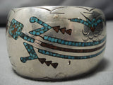 Heavy! Vintage Native American Navajo Sterling Silver Turquoise Sunset Yei Turquoise Bracelet-Nativo Arts