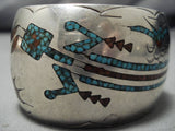 Heavy! Vintage Native American Navajo Sterling Silver Turquoise Sunset Yei Turquoise Bracelet-Nativo Arts