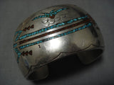 Heavy! Vintage Native American Navajo Sterling Silver Turquoise Sunset Yei Turquoise Bracelet-Nativo Arts