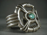 Heavy 'X Marks The Spot' Vintage Navajo Green Spider Turquoise Native American Jewelry Silver Bracelet-Nativo Arts