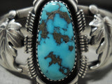 High Grade Intense Vintage Navajo Last Chance Turquoise Native American Jewelry Silver Leaf Bracelet Old-Nativo Arts