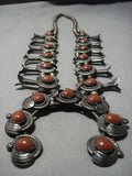 Huge 202 Gram Vintage Native American Jewelry Navajo Coral Sterling Silver Squash Blossom Necklace Old-Nativo Arts