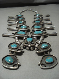 Huge 278 Gram Vintage Navajo Mountain Turquoise Native American Jewelry Silver Squash Blossom Necklace-Nativo Arts