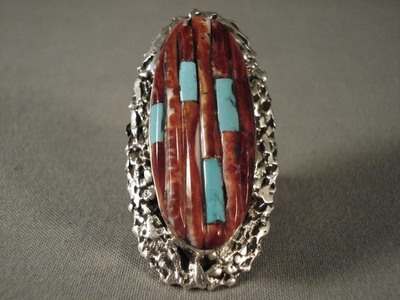 Huge And Heavy Native American Jewelry Silver Casted Turquoise Shell Navajo Ring-Nativo Arts