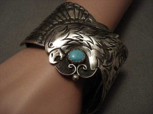 Huge And Heavy Old Navajo Eagle Turquoise Native American Jewelry Silver Bracelet-Nativo Arts
