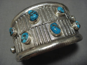 Huge And Heavy!! Vintage Native American Navajo Sterling Silver Morenci Turquoise Bracelet Old-Nativo Arts