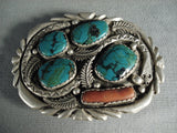 Huge And Heavy Vintage Navajo Spiderweb Turquoise Coral Native American Jewelry Silver Buckle-Nativo Arts
