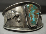 Huge And Vivid Vintage Navajo Villa Grove Turquoise Native American Jewelry Silver Leaf Bracelet Old-Nativo Arts