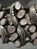 Huge And Wide Vintage Navajo 'Twirling Leaf' Pink Shell Native American Jewelry Silver Bracelet Old-Nativo Arts
