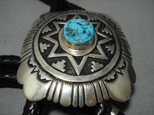 Huge Authentic Vintage Native American Jewelry Navajo Thomas Singer Turquoise Sterling Silver Bolo Tie-Nativo Arts
