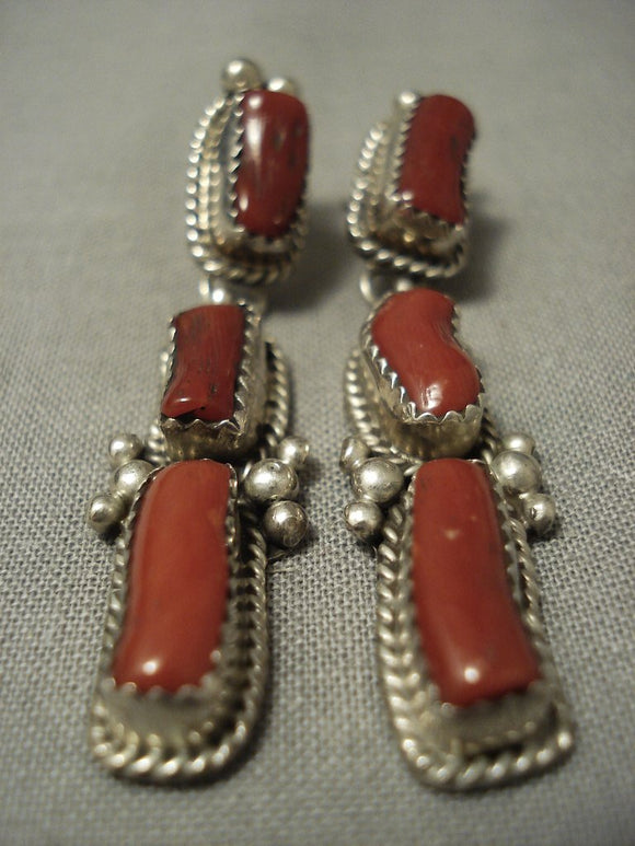 Huge Chunk Coral Vintage Navajo Sterling Native American Jewelry Silver Earrings-Nativo Arts