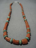 Huge Coral Chunk Vintage Native American Jewelry Navajo Royston Turquoise Sterling Silver Necklace Old-Nativo Arts