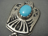 Huge Dangling Feather Vintage Navajo Domed Turquoise Native American Jewelry Silver Eagle Pendant-Nativo Arts