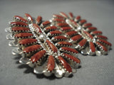 Huge Fabulous Navajo Coral Sterling Silver Native American Jewelry Earrings-Nativo Arts