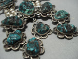 Huge!! Green Turquoise Vintage Native American Jewelry Navajo Sterling Silver Squash Blossom Necklace-Nativo Arts