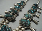 Huge!! Green Turquoise Vintage Native American Jewelry Navajo Sterling Silver Squash Blossom Necklace-Nativo Arts