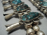 Huge!! Green Turquoise Vintage Native American Jewelry Navajo Sterling Silver Squash Blossom Necklace-Nativo Arts