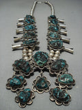 Huge!! Green Turquoise Vintage Native American Jewelry Navajo Sterling Silver Squash Blossom Necklace-Nativo Arts