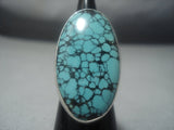 Huge Green Turquoise Vintage Navajo Sterling Silver Spiderweb Ring Old-Nativo Arts