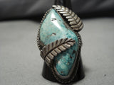 Huge Heavy Vintage Native American Jewelry Navajo Carico Lake Turquoise Sterling Silver Leaf Ring Old-Nativo Arts