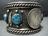 Huge Heavy Vintage Native American Jewelry Navajo Turquoise Sterling Silver Coin Bracelet Cuff-Nativo Arts