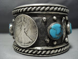 Huge Heavy Vintage Native American Jewelry Navajo Turquoise Sterling Silver Coin Bracelet Cuff-Nativo Arts