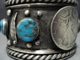 Huge Heavy Vintage Native American Jewelry Navajo Turquoise Sterling Silver Coin Bracelet Cuff-Nativo Arts