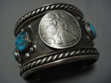 Huge Heavy Vintage Native American Jewelry Navajo Turquoise Sterling Silver Coin Bracelet Cuff-Nativo Arts
